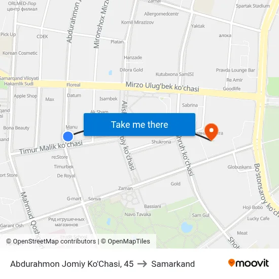 Abdurahmon Jomiy Ko'Chasi, 45 to Samarkand map