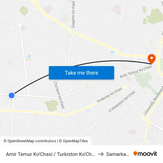 Amir Temur Ko'Chasi / Turkiston Ko'Chasi to Samarkand map