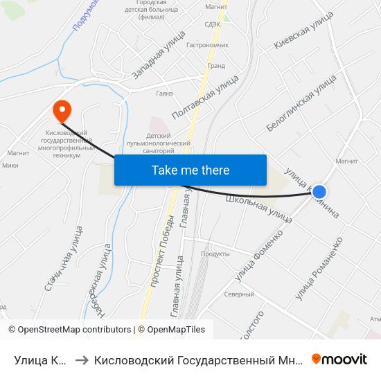 Улица Калинина to Кисловодский Государственный Многопрофильный Техникум map