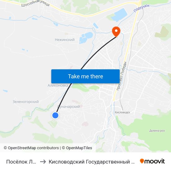 Посёлок Луначарский to Кисловодский Государственный Многопрофильный Техникум map