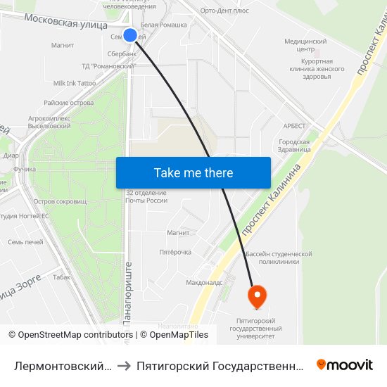 Лермонтовский Разъезд to Пятигорский Государственный Университет map