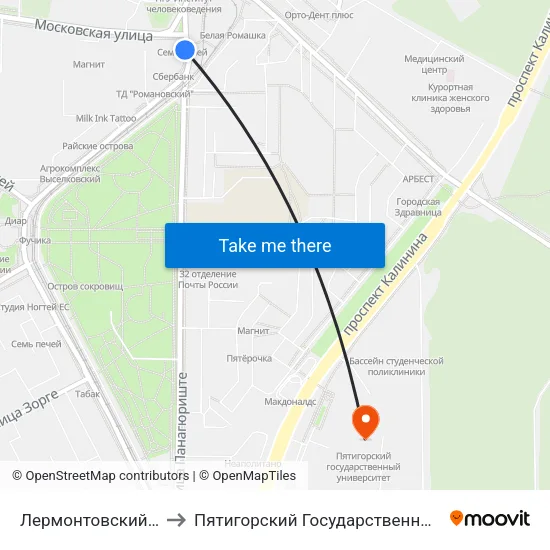 Лермонтовский Разъезд to Пятигорский Государственный Университет map