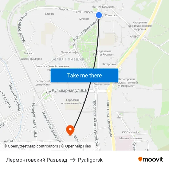 Лермонтовский Разъезд to Pyatigorsk map