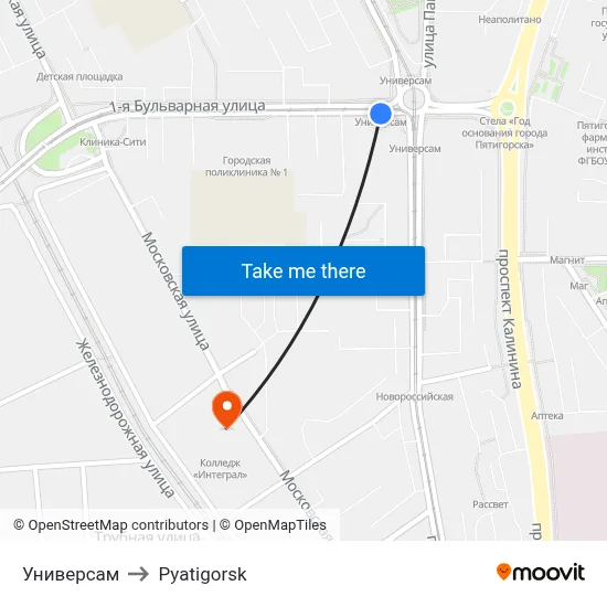 Universam to Pyatigorsk map