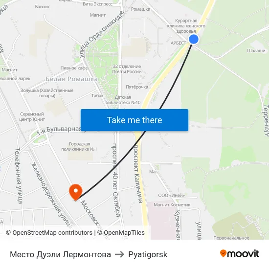 Место Дуэли Лермонтова to Pyatigorsk map