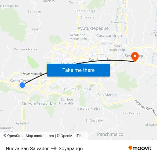 Nueva San Salvador to Soyapango map