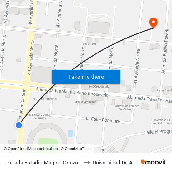 Parada Estadio Mágico González (Flor Blanca) to Universidad Dr. Andres Bello map