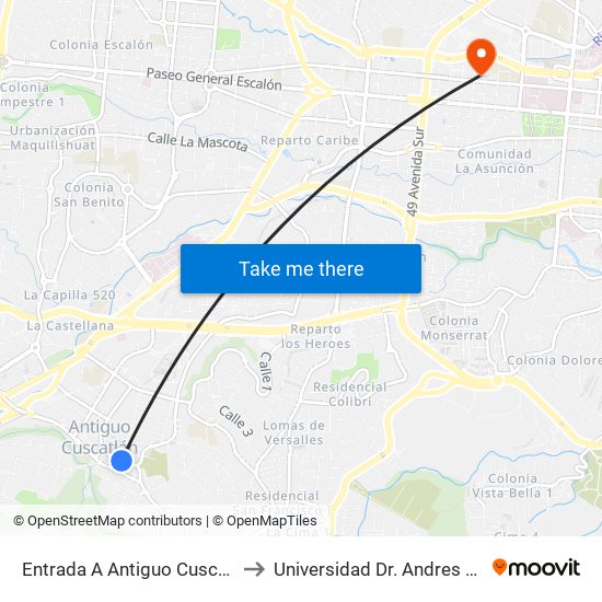 Entrada A Antiguo Cuscatlán to Universidad Dr. Andres Bello map