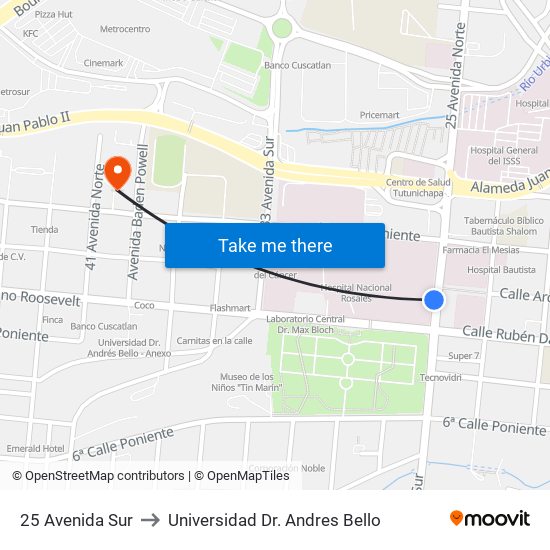 25 Avenida Sur to Universidad Dr. Andres Bello map