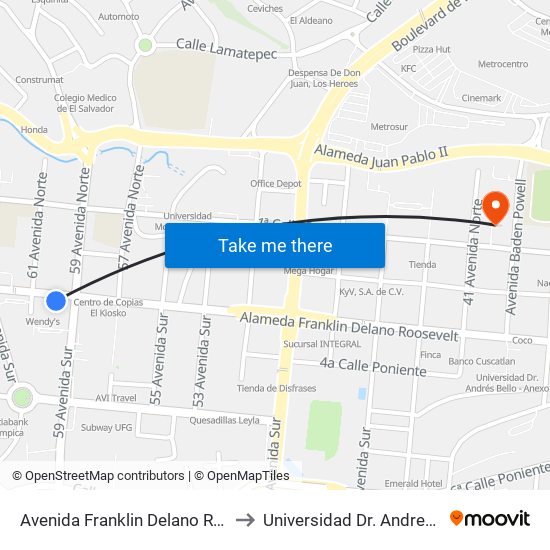 Avenida Franklin Delano Rosevelt to Universidad Dr. Andres Bello map