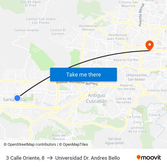 3 Calle Oriente, 8 to Universidad Dr. Andres Bello map