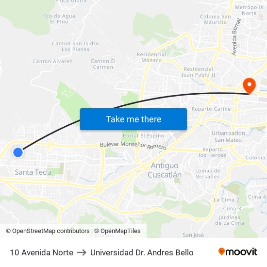 10 Avenida Norte to Universidad Dr. Andres Bello map