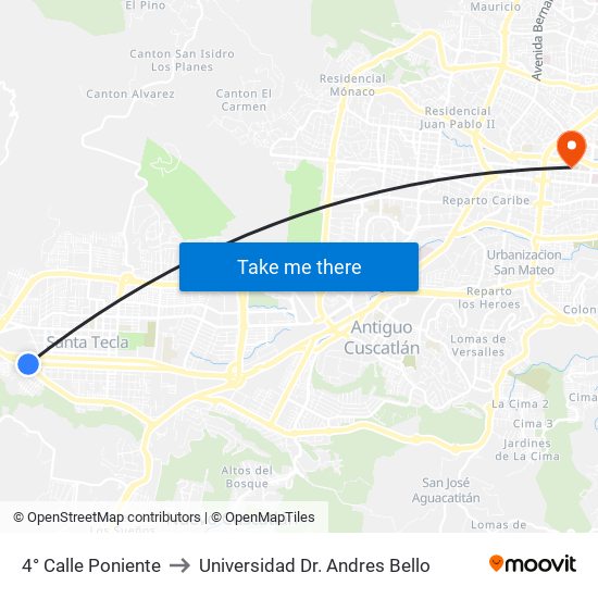 4° Calle Poniente to Universidad Dr. Andres Bello map