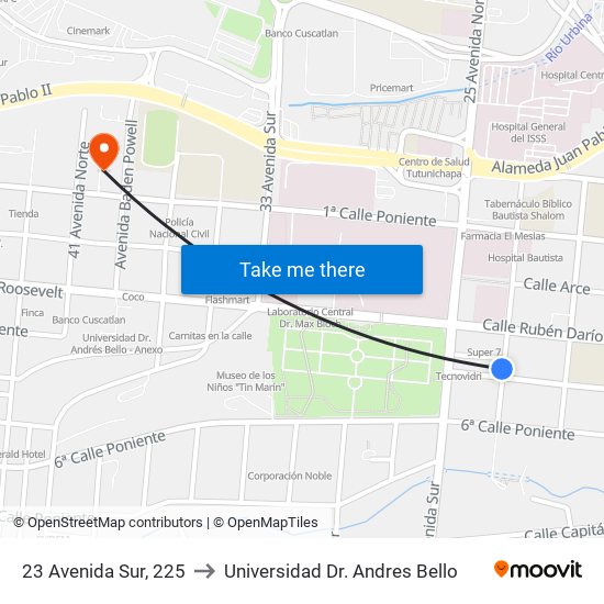 23 Avenida Sur, 225 to Universidad Dr. Andres Bello map