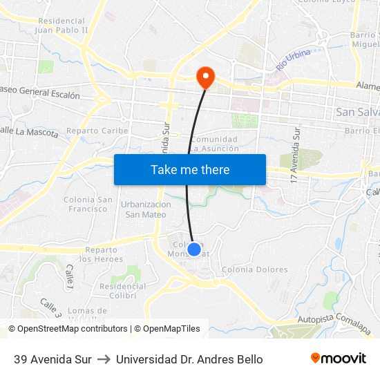 39 Avenida Sur to Universidad Dr. Andres Bello map