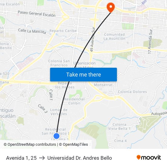 Avenida 1, 25 to Universidad Dr. Andres Bello map