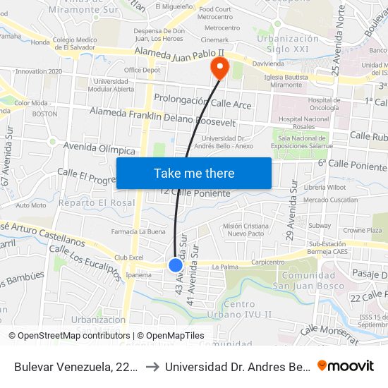 Bulevar Venezuela, 2230 to Universidad Dr. Andres Bello map