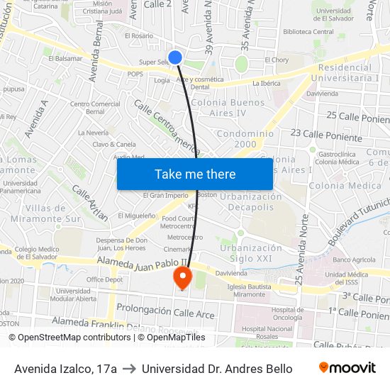 Avenida Izalco, 17a to Universidad Dr. Andres Bello map