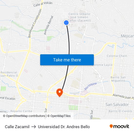 Calle Zacamil to Universidad Dr. Andres Bello map