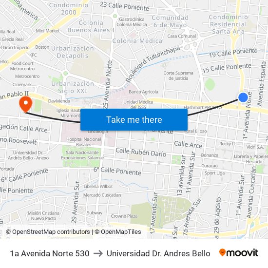 1a Avenida Norte 530 to Universidad Dr. Andres Bello map