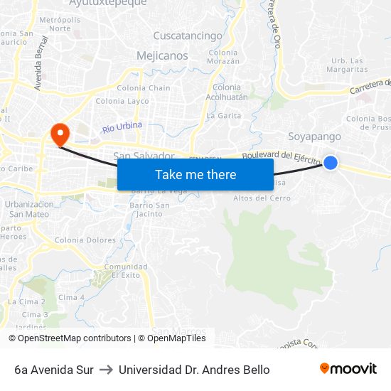 6a Avenida Sur to Universidad Dr. Andres Bello map