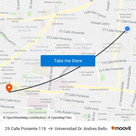 29 Calle Poniente 118 to Universidad Dr. Andres Bello map