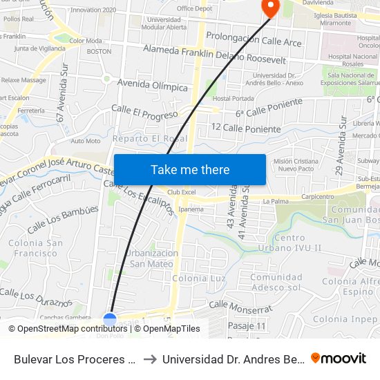 Bulevar Los Proceres 13 to Universidad Dr. Andres Bello map