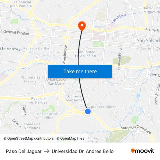 Paso Del Jaguar to Universidad Dr. Andres Bello map