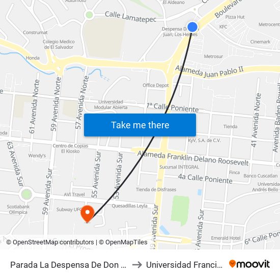 Parada La Despensa De Don Juan (Metrosur) to Universidad Francisco Gavidia map