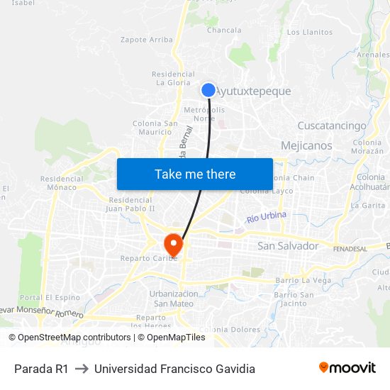 Parada R1 to Universidad Francisco Gavidia map