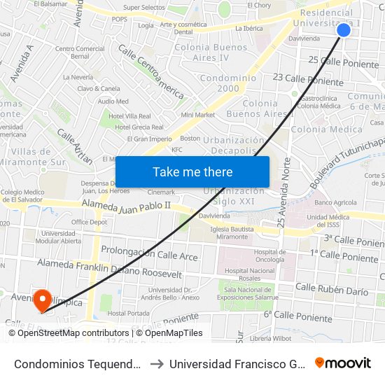 Condominios Tequendamas to Universidad Francisco Gavidia map