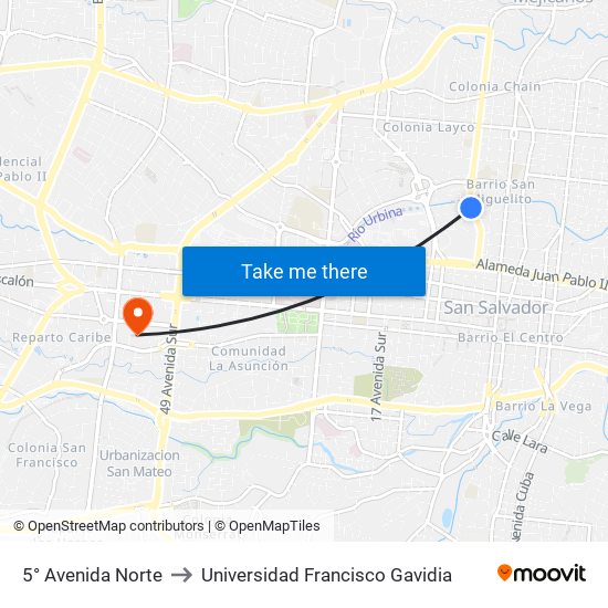 5° Avenida Norte to Universidad Francisco Gavidia map