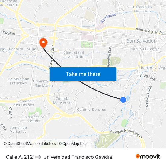 Calle A, 212 to Universidad Francisco Gavidia map