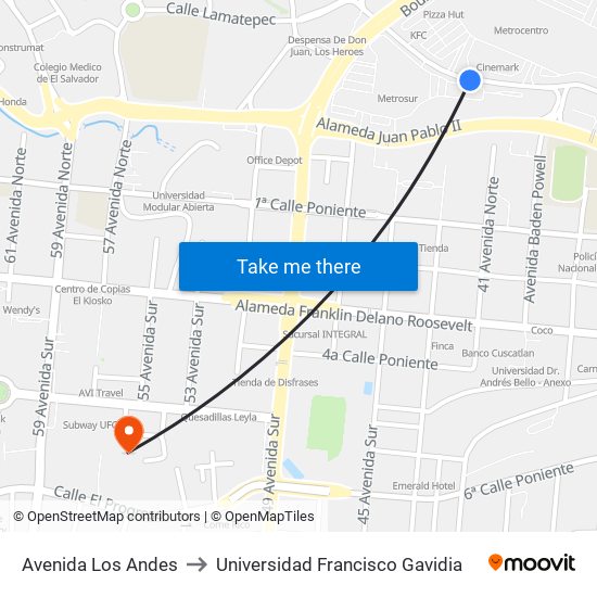 Avenida Los Andes to Universidad Francisco Gavidia map