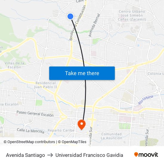 Avenida Santiago to Universidad Francisco Gavidia map