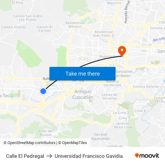 Calle El Pedregal to Universidad Francisco Gavidia map