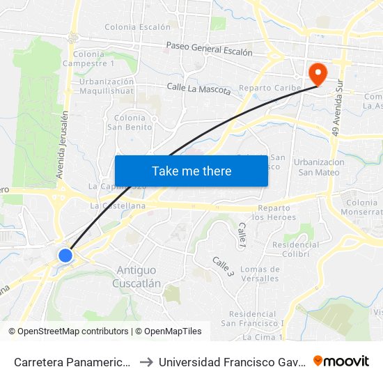 Carretera Panamericana to Universidad Francisco Gavidia map