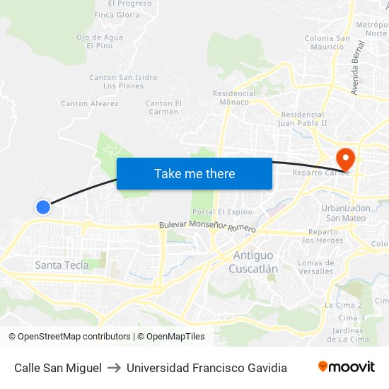 Calle San Miguel to Universidad Francisco Gavidia map