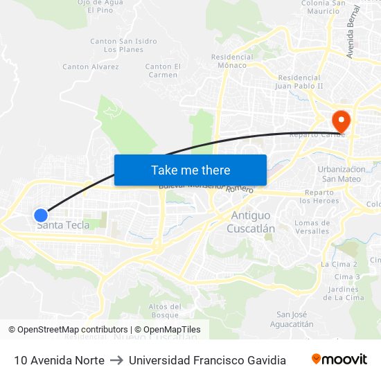 10 Avenida Norte to Universidad Francisco Gavidia map