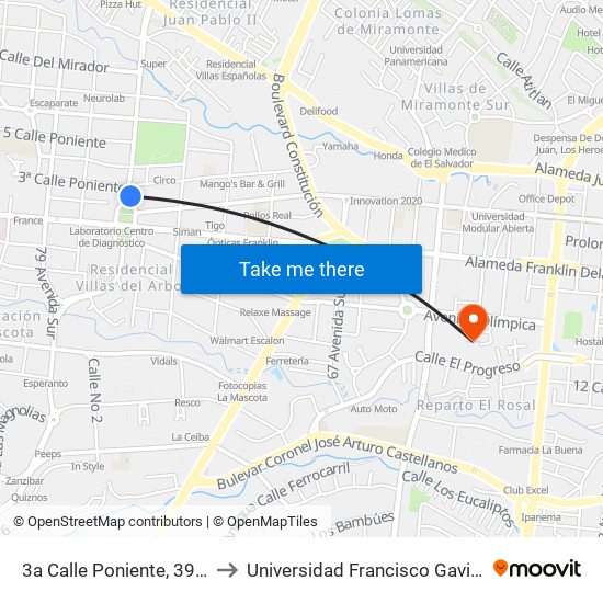 3a Calle Poniente, 3970 to Universidad Francisco Gavidia map