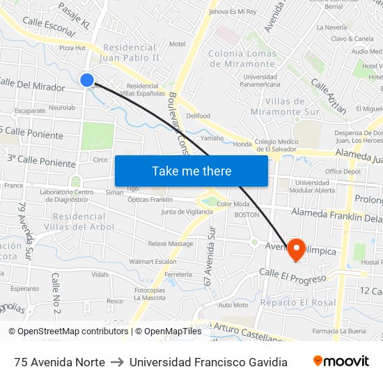 75 Avenida Norte to Universidad Francisco Gavidia map