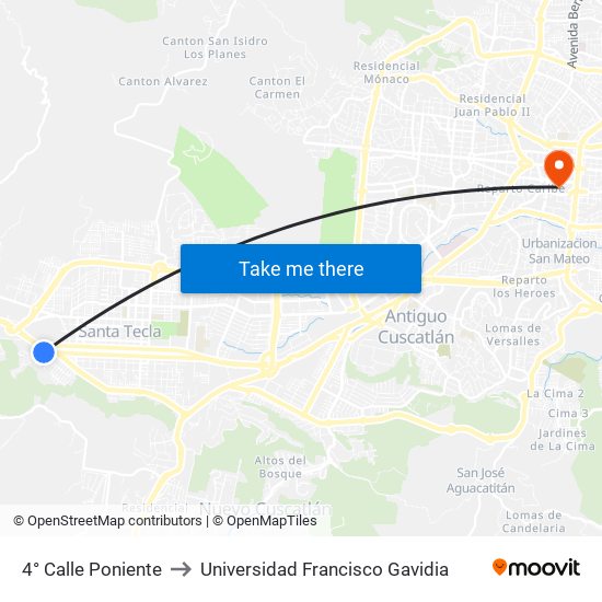 4° Calle Poniente to Universidad Francisco Gavidia map