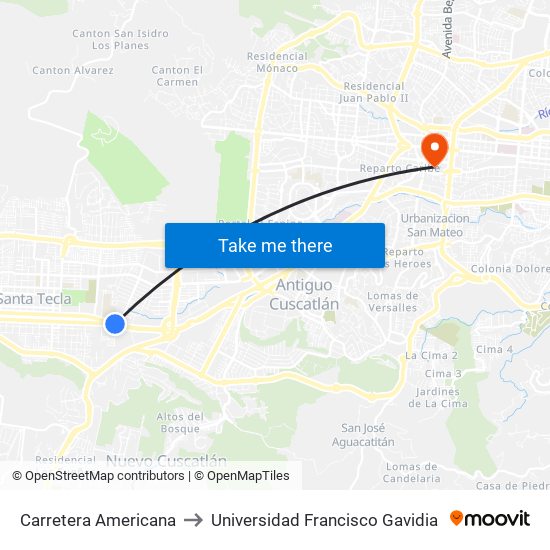 Carretera Americana to Universidad Francisco Gavidia map