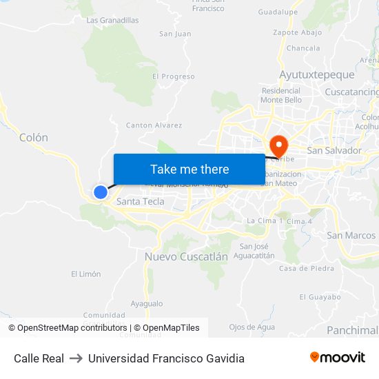 Calle Real to Universidad Francisco Gavidia map