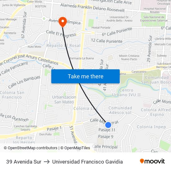 39 Avenida Sur to Universidad Francisco Gavidia map