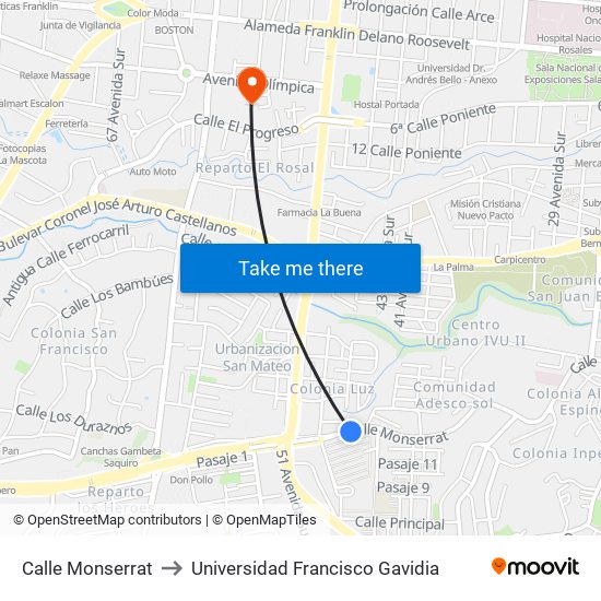 Calle Monserrat to Universidad Francisco Gavidia map