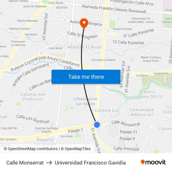 Calle Monserrat to Universidad Francisco Gavidia map