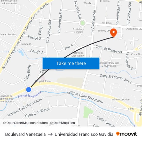 Boulevard Venezuela to Universidad Francisco Gavidia map