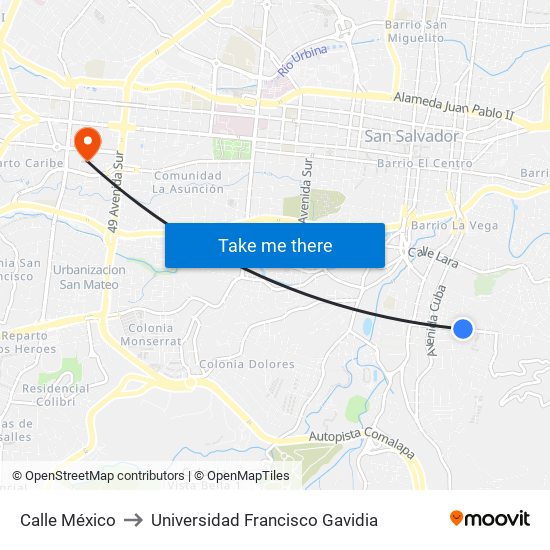 Calle México to Universidad Francisco Gavidia map