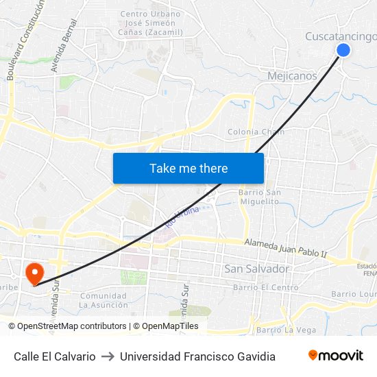 Calle El Calvario to Universidad Francisco Gavidia map